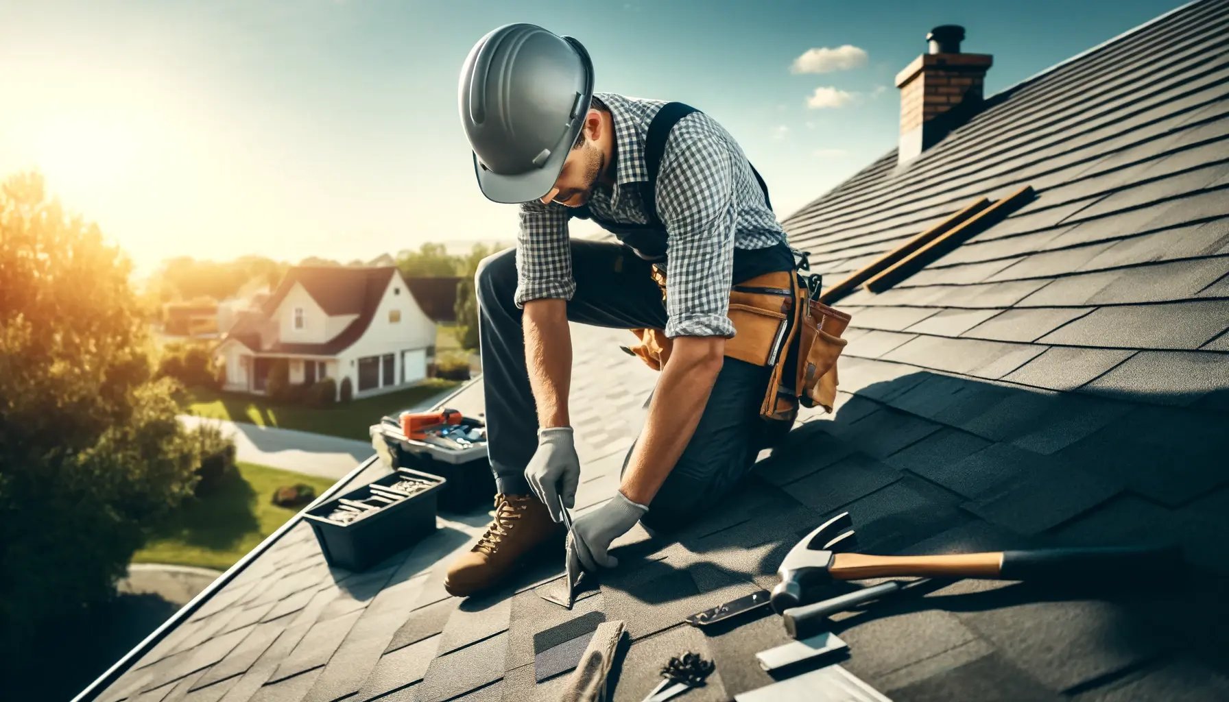 DALL·E 2024-05-13 12.05.01 - A professional cover image for a blog post about roof repairs. The image shows a worker on a rooftop, repairing shingles. The scene is set during a su