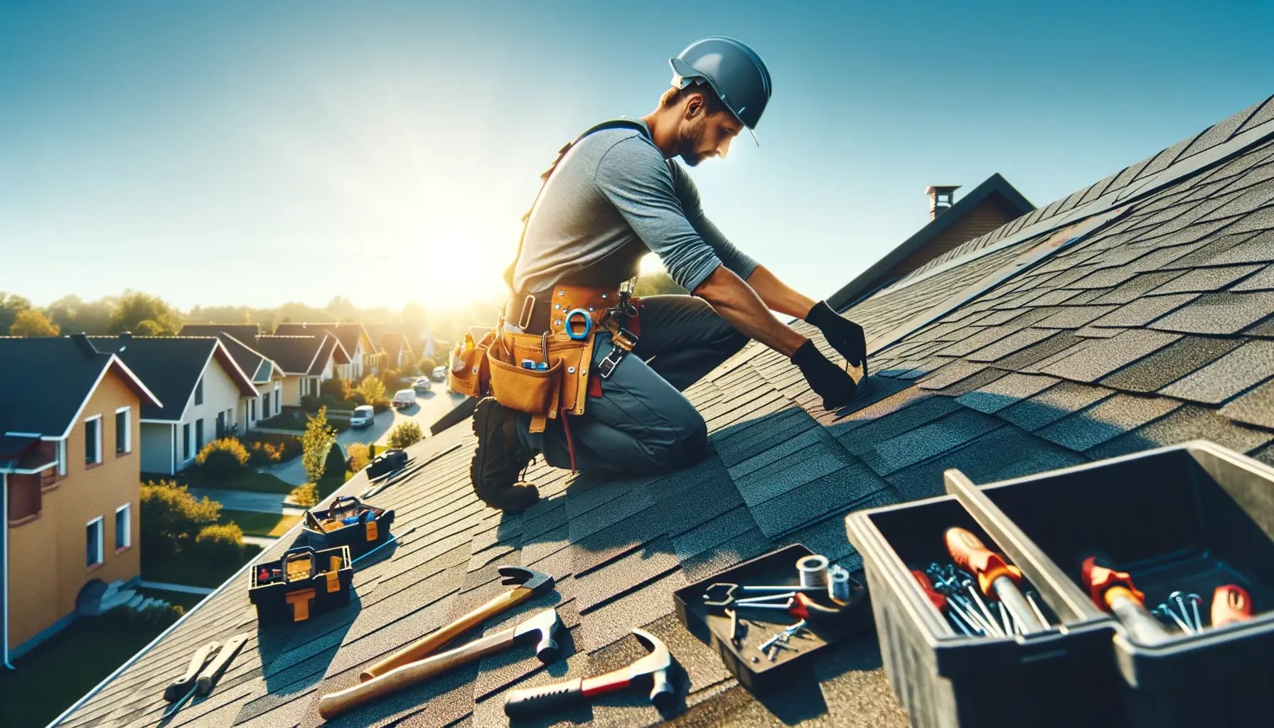 DALL·E 2024-05-13 12.05.05 - A professional cover image for a blog post about roof repairs. The image shows a worker on a rooftop, repairing shingles. The scene is set during a su