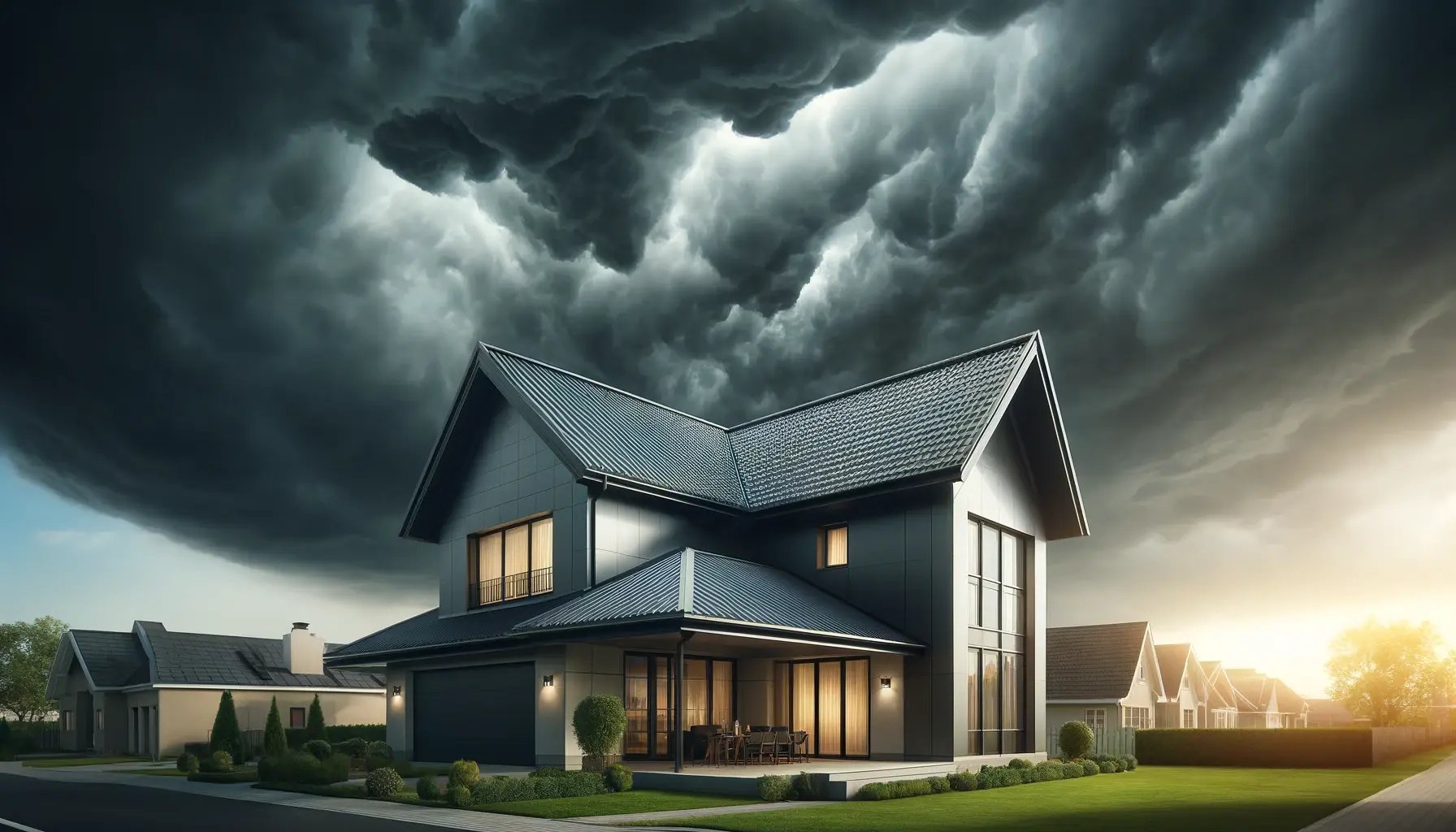 DALL·E 2024-05-13 14.07.38 - A modern residential house with a storm resistant roof under a dramatic stormy sky. The house features a reinforced roof design, possibly with visible