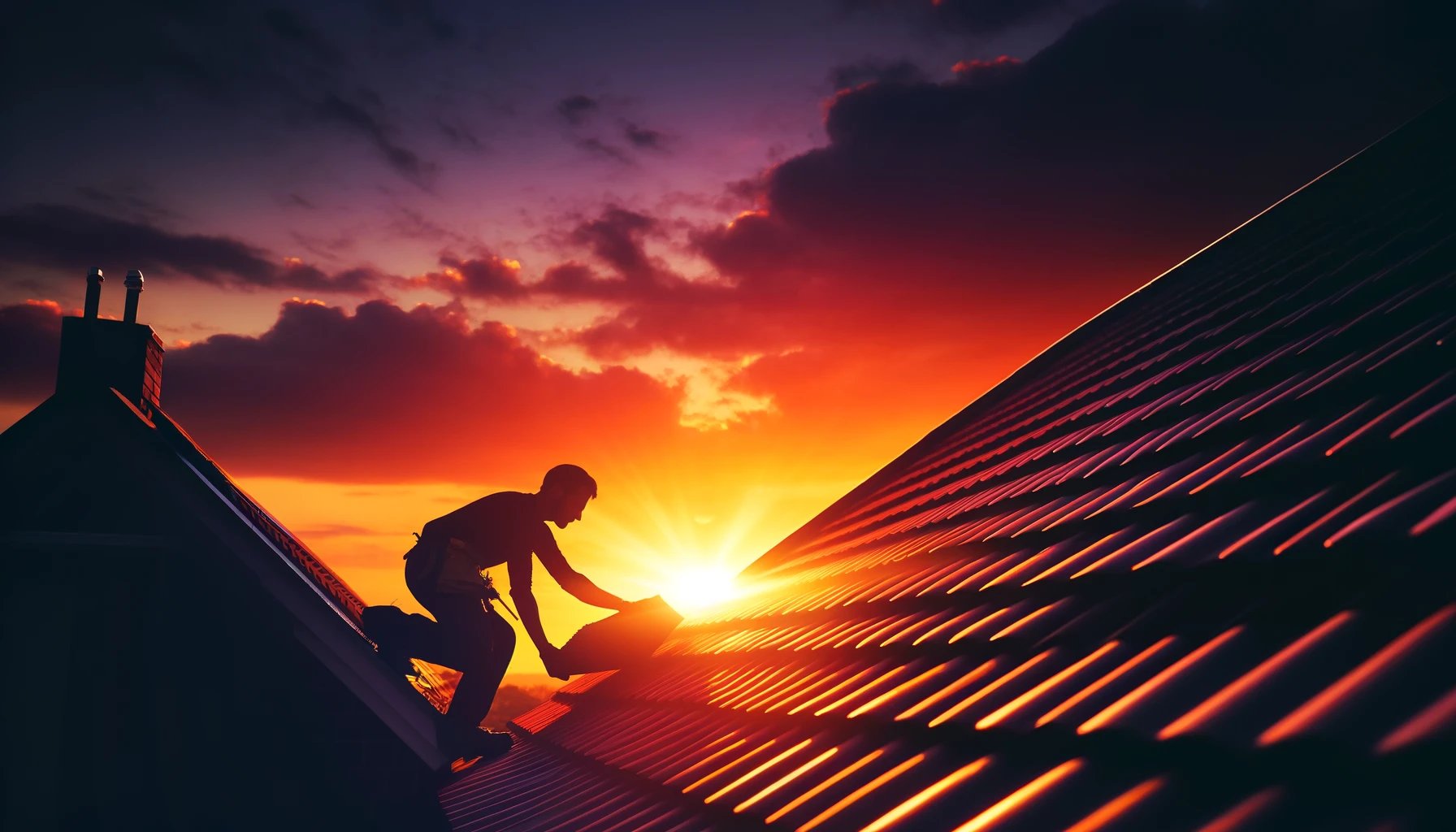 DALL·E 2024-05-20 15.25.14 - A silhouette of a worker on a roof at sunset. The worker is in the process of installing shingles, with the sun setting in the background casting an o