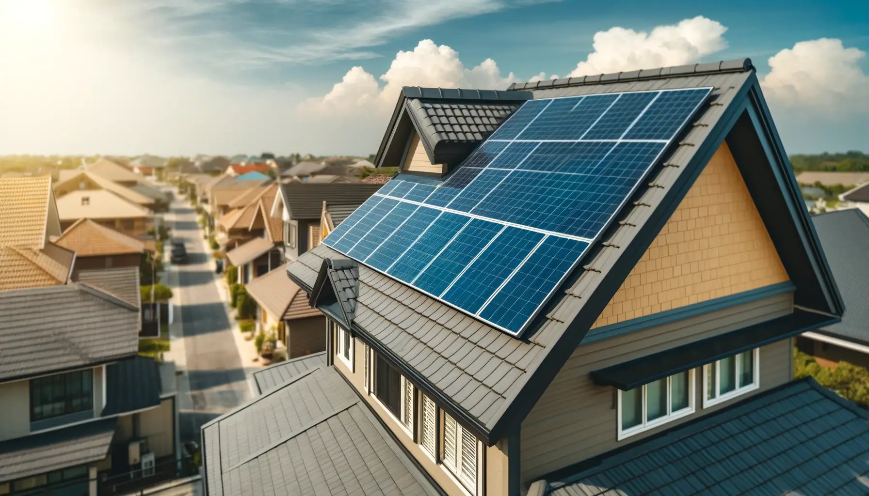 DALL·E 2024-06-03 11.03.15 - A rooftop with modern solar panels installed on a sunny day, showcasing a clean and energy-efficient house. The roof has a mix of traditional shingles