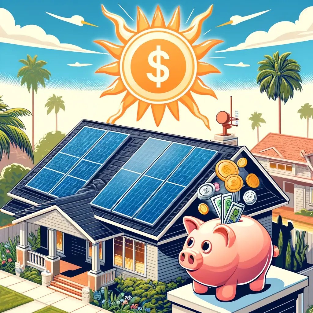 DALL·E 2024-06-03 11.06.56 - An illustration depicting the concept of saving money with solar panels. The image features a rooftop in Florida with solar panels installed, under a 